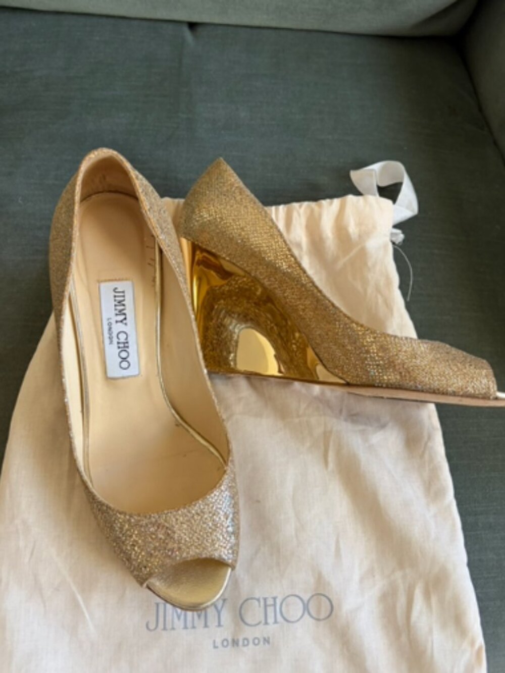 JIMMY CHOO GOLD METALLIC GLITTER "BAXEN” WEDGE PUMPS, SIZE 37 EU / 6.5 US